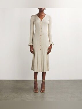 Self-Portrait Metallic Ribbed Ruffle-Cuff Midi Dress Size M